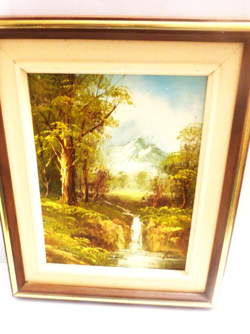 Signed Rico LANDSCAPE PAINTING Oil On Canvas Waterfall Tree Mountains Rock Water